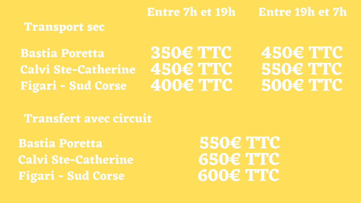 Tarification des transferts vers les différents aéroport de Corse.